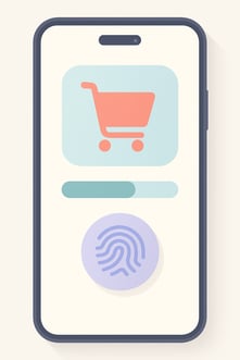 Mobile checkout interface with fingerprint scan icon, illustrating ecommerce trends in mobile-first shopping experiences.